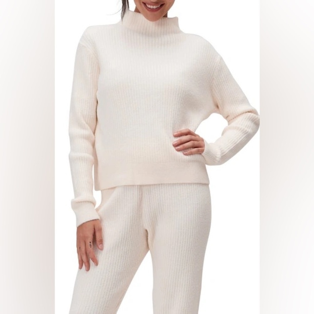 Spiritual Gangster Funnel Neck Ribbed Nylon Chenille Sweater Stone White Small